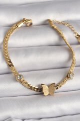 316L Çelik Gold Renk Yassı Zincir Zirkon Taşlı Simli Kelebek Figür Kadın Bileklik