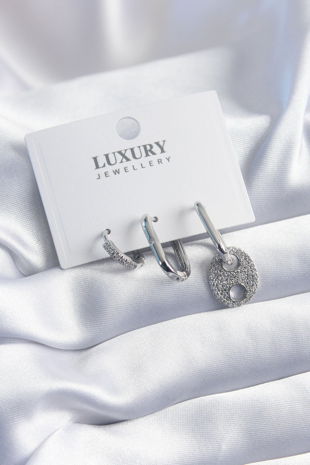 Pirinç Gümüş Renk Zirkon Taşlı 3'lü Kadın Küpe Seti