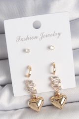 Pirinç Gold Renk Zirkon Taşlı Sallantılı Kalp Model Yarım Halka Detay 3 Çift Kadın Küpe Seti