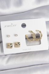 Pirinç Gold Renk Burgu Halka Model Zirkon Taşlı Kare Detay 3 Çift Kadın Küpe Seti