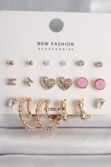 Pirinç Gold Renk Zirkon Taşlı Burug Halka Model İşlemeli Kalp Detay 9 Çift Kadın Küpe Seti