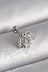 316L Çelik Gümüş Renk Zirkon Taşlı Ay Yıldız Tragus Piercing
