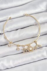 Pirinç Zirkon Taşlı İstiridye Ve Deniz Yıldızı Model Gold Renk Charm Bileklik