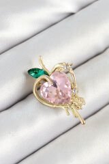 Pembe Ve Yeşil Zirkon Taşlı 3D Eriyen Kalp Figürlü Gold Renk Kadın Broş