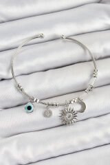 Pirinç Zirkon Taşlı Güneş Ay Ve Nazar Model Gümüş Renk Charm Bileklik