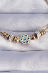 316L Çelik Gold Renk Zirkon Taşlı Nazarlı Çiçek Tasarımlı Bileklik