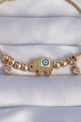 316L Çelik Gold Renk Zirkon Taşlı Nazarlı Fil Tasarımlı Bileklik