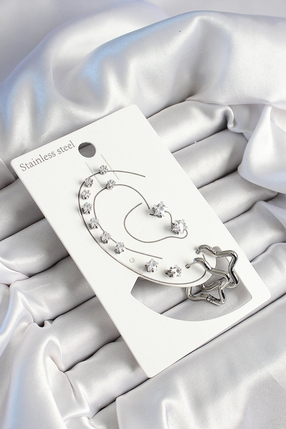 316L Çelik Yıldız Figürlü Ve Zirkon Taşlı Gümüş Renk 7'li Çift Kadın Küpe Set