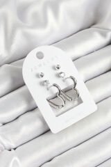 Pirinç Zirkon Taş Ve Kalp Figürlü Gümüş Renk 3'lü Çift Kadın Küpe Set