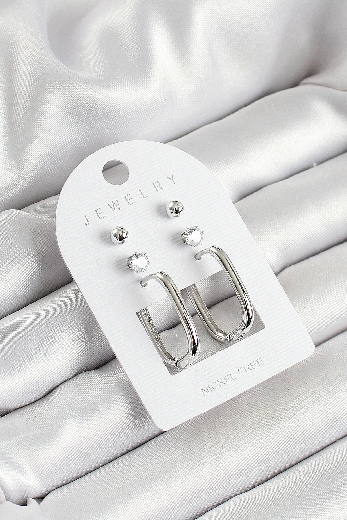 Pirinç Zirkon Taş Ve Dikdörtgen Figürlü Gümüş Renk 3'lü Çift Kadın Küpe Set