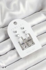 Pirinç Zirkon Taş Ve Dikdörtgen Figürlü Gümüş Renk 3'lü Çift Kadın Küpe Set