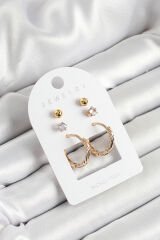 Pirinç Zirkon Taş Ve Halka Figürlü Gold Renk 3'lü Çift Kadın Küpe Set
