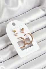 Pirinç Zirkon Taş Ve Kemik Halka Figürlü Gold Renk 3'lü Çift Kadın Küpe Set