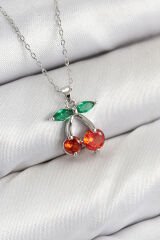 Pirinç Zirkon Taşlı Kiraz Model Gümüş Renk Kadın Kolye