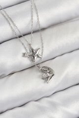 Pirinç Zirkon Taşlı Yıldız Ve Ay Model Gümüş Renk Kadın Kolye