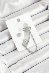 Pirinç Üçgen Figürlü Zirkon Taşlı Gümüş Renk 3'lü Kıkırdak Kadın Küpe Set