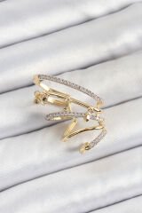 Pirinç Zirkon Taşlı Sıkıştırma Sağ Kıkırdak Gold Renk Kadın Küpe