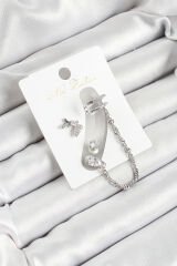 Pirinç Kelebek Figürlü Zirkon Taşlı Gümüş Renk 3'lü Kıkırdak Kadın Küpe Set