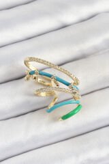 Pirinç Zirkon Taşlı Mavi Yeşil Sıkıştırma Sağ Kıkırdak Gold Renk Kadın Küpe