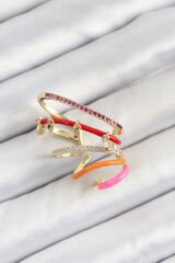 Pirinç Zirkon Taşlı Kırmızı Turuncu Pembe Sıkıştırma Sağ Kıkırdak Gold Renk Kadın Küpe