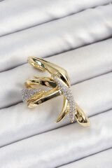 Pirinç Zirkon Taşlı Sıkıştırma Sağ Kıkırdak Gold Renk Kadın Küpe