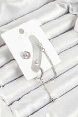 Pirinç Halka Figürlü Zirkon Taşlı Gümüş Renk 3'lü Kıkırdak Kadın Küpe Set