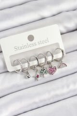 Pirinç Zirkon Taşlı Karpuz Yonca Kalp Pusula Karışık Model Gümüş Renk 6'lı Set Kadın Küpe