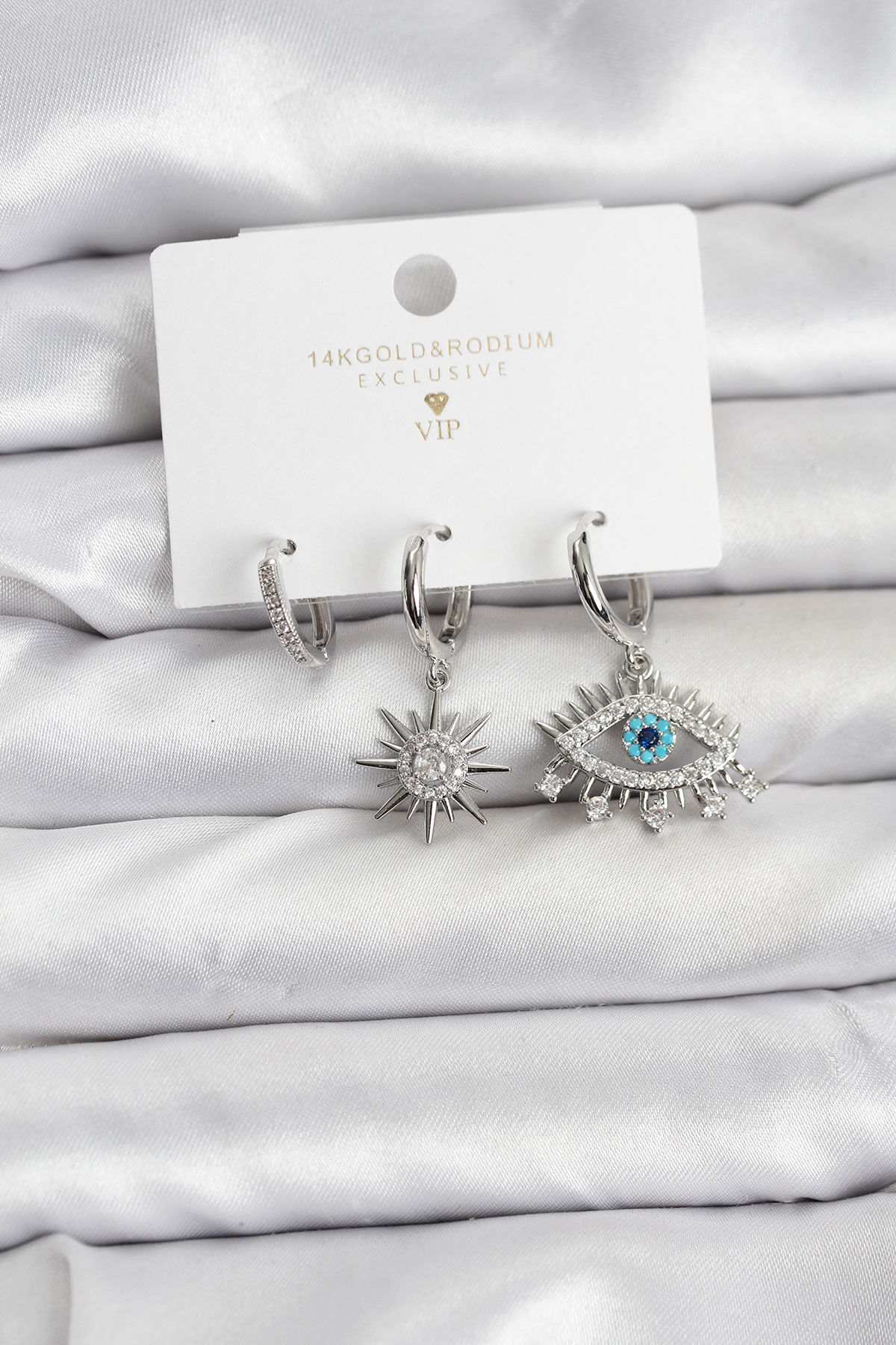 Göz Model Gümüş Renk Pirinç 3'lü Kadın Küpe Seti