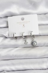 Nazar Model Gümüş Renk Pirinç 3'lü Kadın Küpe Seti