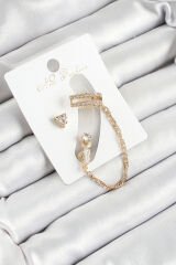 Pirinç Üçgen Figürlü Zirkon Taşlı Gold Renk 3'lü Kıkırdak Kadın Küpe Set