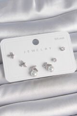 Pirinç Gümüş Renk Zirkon Taşlı Kelebek Model İnci Detay 925 Ayar Gümüş Çivi Kadın Küpe Seti