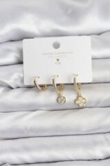 Pirinç Gold Renk Yonca Model 3'lü Kadın Küpe Seti