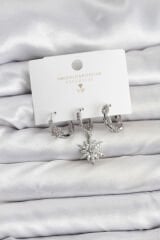 Pirinç Gümüş Renk Kutup Yıldızı Model 3'lü Kadın Küpe Seti