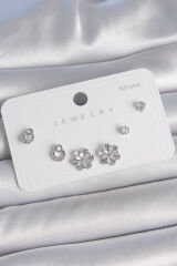 Pirinç Gümüş Renk Zirkon Taşlı Kar Tanesi Model 925 Ayar Gümüş Çivi Kadın Küpe Seti