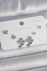 Pirinç Gümüş Renk Renkli Zirkon Taşlı Çiçek Model Yaprak Detay 925 Ayar Gümüş Çivi Kadın Küpe Seti