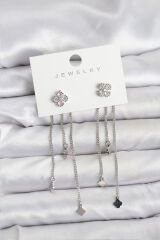 Pirinç Gümüş Renk Yonca Model Sallantılı Kadın Küpe