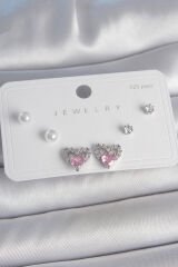 Pirinç Gümüş Renk Pembe Zirkon Taşlı Kalp Model İnci Detay 925 Ayar Gümüş Çivi Kadın Küpe Seti