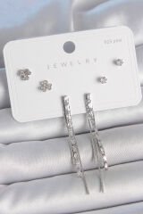 Pirinç Gümüş Renk Su Yolu Zirkon Taşlı Sallantı Model Çiçek Detay 925 Ayar Gümüş Çivi Kadın Küpe Seti