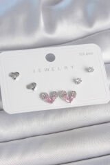 Pirinç Gümüş Renk Pembe Zirkon Taşlı Kalp Model 925 Ayar Gümüş Çivi Kadın Küpe Seti