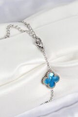 316L Çelik Sedefli Gökyüzü Mavisi Gümüş Renk Yonca Kadın Bileklik