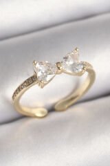 Pirinç Gold Renk Zirkon Taşlı Kalp Fiyonk Model Kadın Yüzük