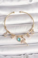 Pirinç Gold Renk Zirkon Taşlı Sallantı Filamingo Figür Charm Kadın Bileklik