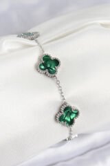 316L Çelik Sedefli Zümrüt Yeşil Gümüş Renk Yonca Kadın Bileklik