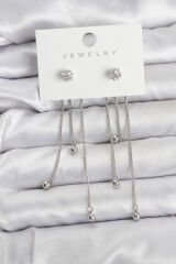 Topçuk Model Gümüş Renk Pirinç Sallantılı Kadın Küpe Seti