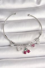Pirinç Gümüş Renk Sallantı Kiraz Figür Kalp Detay Charm Kadın Bileklik