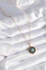 316L Çelik Gold Renk Mavi Boncuk Güneş İşleme Madalyon Model Kadın Kolye