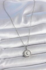 316L Çelik Gümüş Renk Zincir Beyaz Mineli Hilal İşlemeli Madalyon Model Kadın Kolye