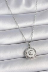 316L Çelik Gümüş Renk Zincir Beyaz Mineli Hilal İşlemeli Madalyon Model Kadın Kolye