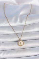 316L Çelik Gold Renk Zincir Beyaz Mineli Hilal İşlemeli Madalyon Model Kadın Kolye
