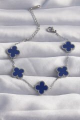 316L Çelik Gümüş Renk Mavi Mineli Yonca Bileklik